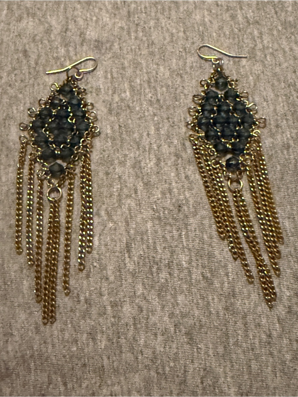 Gold-Tone Fringe Drop Earrings with Blue Beaded Diamond Motif - Picture 6 of 6